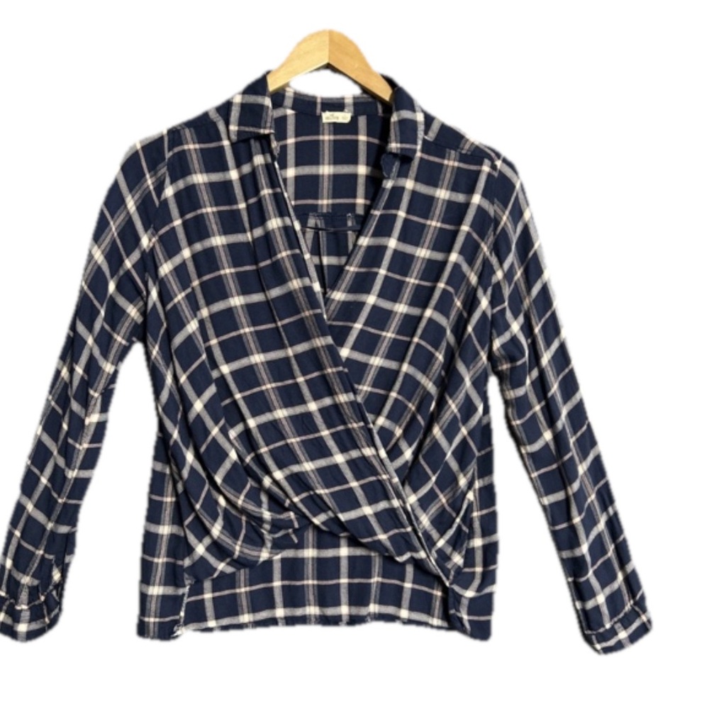 Hollister Women's Small Mock Wrap Plaid‎ V Neck Flannel Lightweight Cowgirl Boho